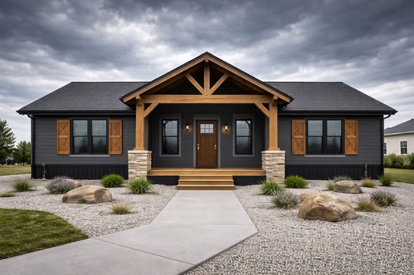 A modern, single-story house with dark siding, wooden accents, and a gabled roof. The front features large windows, a wooden front door, and a stone path surrounded by landscaping, under an overcast sky.