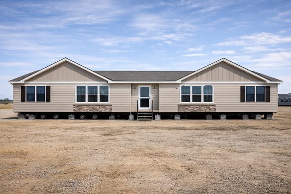 A beige, double-wide manufactured home sits on a barren dirt lot under a blue sky. It features multiple windows and a small staircase leading to the door.