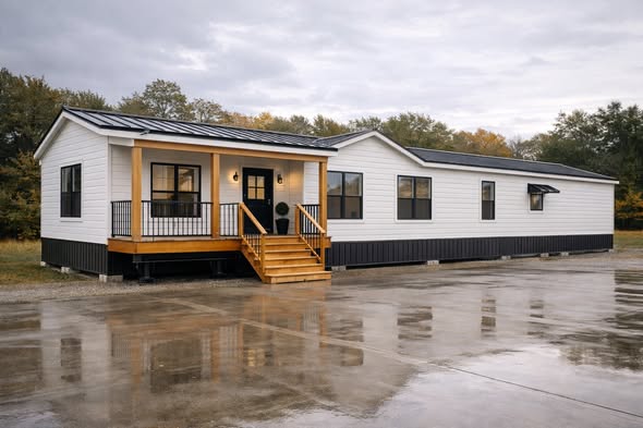 Modern mobile home with a white exterior, black accents, and a wooden porch. Set in a serene, tree-lined area on an overcast day, reflecting a calm atmosphere.