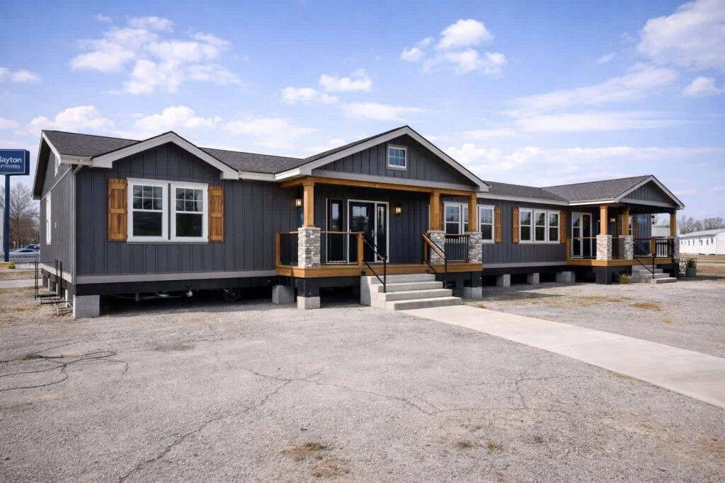 A modern, gray manufactured home with a gabled roof, wood accents, and stone pillars. It sits on a gravel lot under a bright blue sky with clouds.