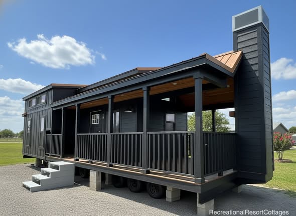 Stylish black tiny house on wheels with a wraparound porch and chimney, set under a bright blue sky. Modern and cozy outdoor vibe.