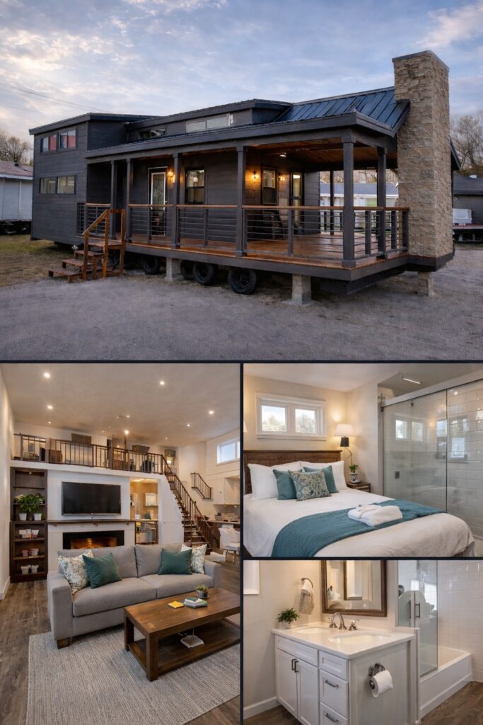 A modern tiny house with a large deck and stone chimney is shown with interior views. Inside, a cozy living area with a sofa and TV, a bedroom with a neatly made bed, and a bathroom with a glass shower and sleek fixtures are displayed. The space exudes a warm, inviting atmosphere.