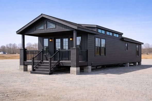 Modern black tiny house with large windows and elevated porch, set on a gravel lot under a clear blue sky, conveying simplicity and elegance.
