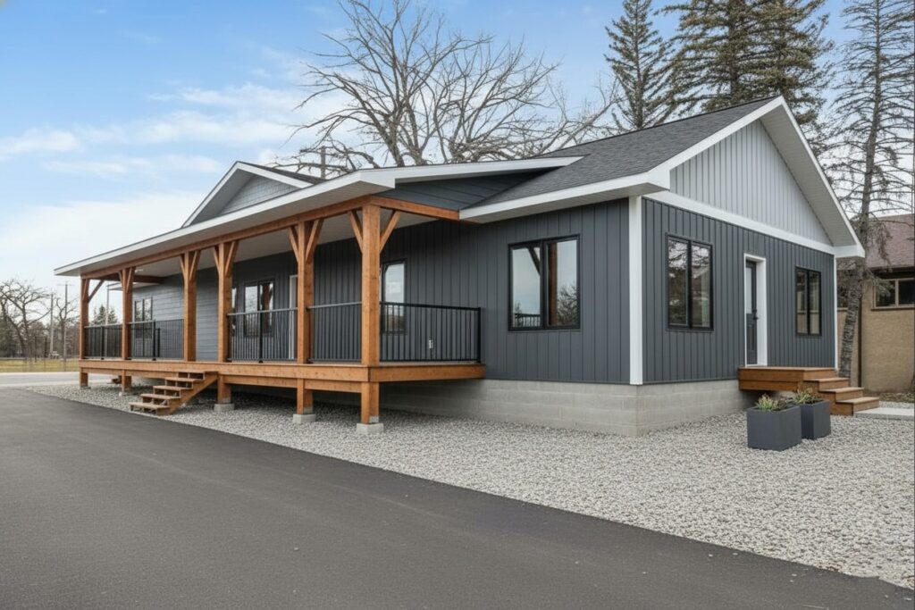 Modern single-story house with dark gray siding, a wooden deck with railings, and a gable roof. Surrounded by gravel and trees under a clear sky.